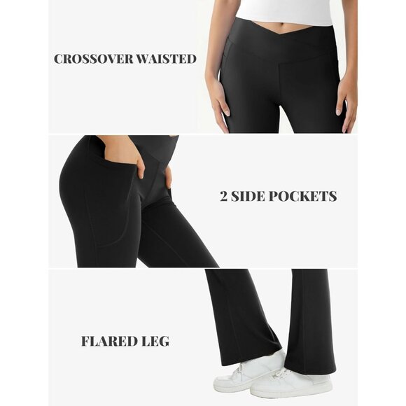 Women's Flare Yoga Pants with Pockets-V Crossover High Waisted Bootcut Yoga Legg - Picture 4 of 5
